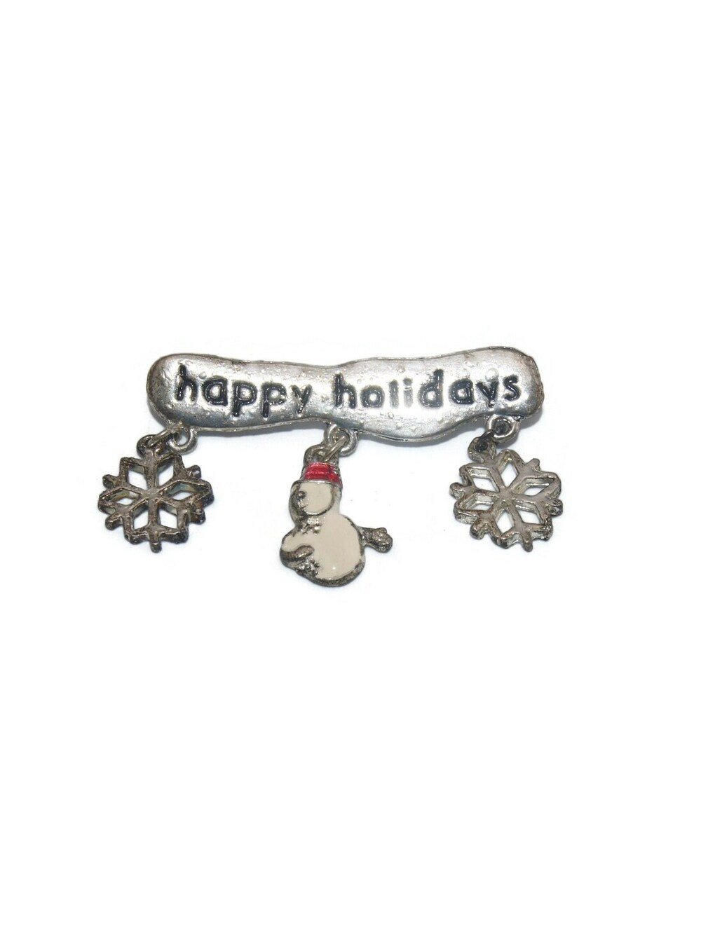 Vintage Silver Tone, White and Black Happy Holidays Snowman, Snowflakes Brooch.